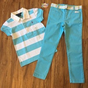 RALPH LAUREN Girls OUTFIT Sz 6 Blue Chino Pants Stripe Collared Polo Shirt NWT